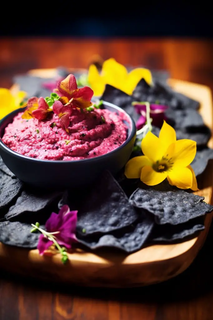 blue corn chips with beet hummus
