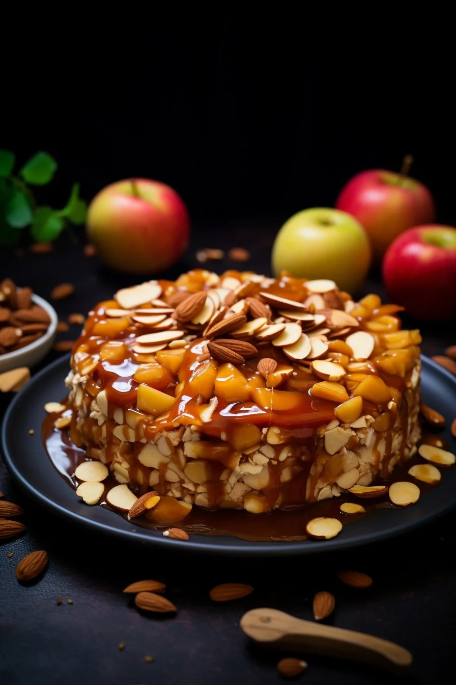 caramel rice cake topped with sliced apples