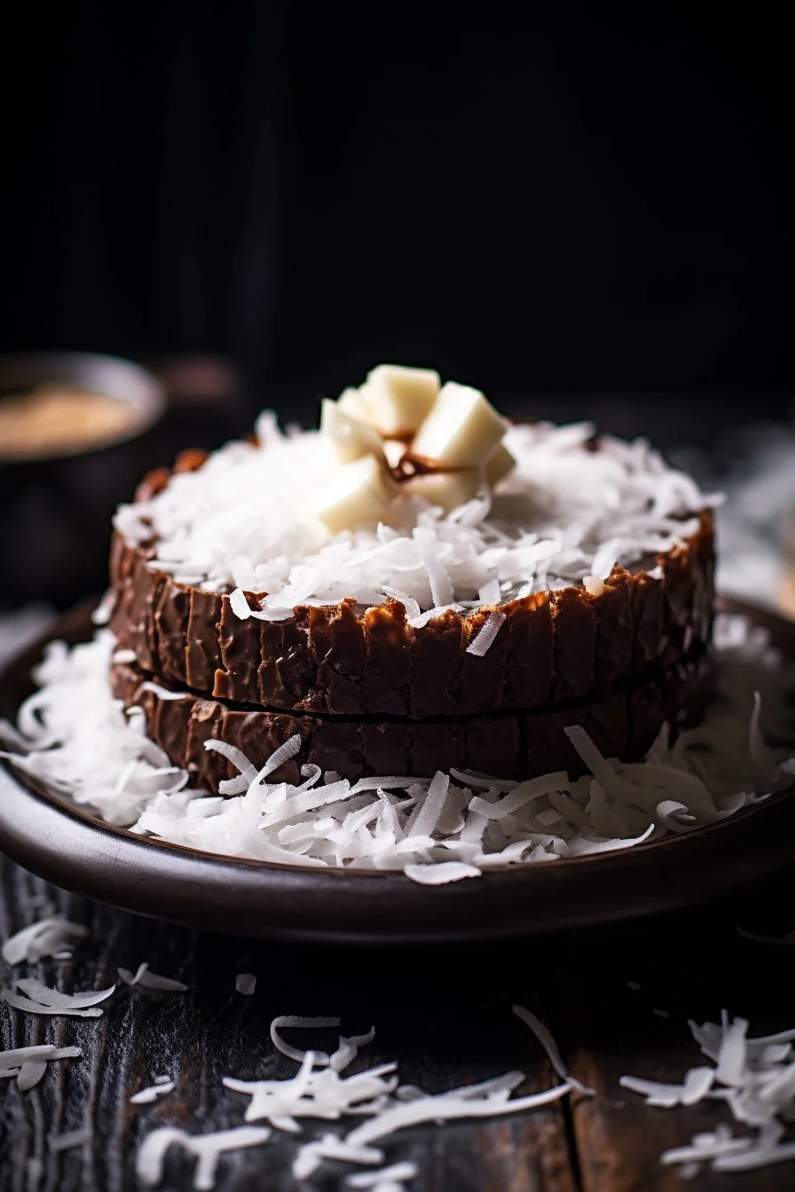 chocolate coated rice cake with coconut flakes