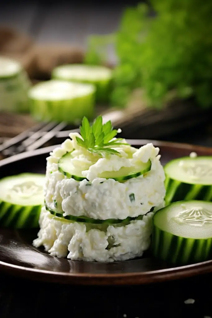 cottage cheese with cucumber slices