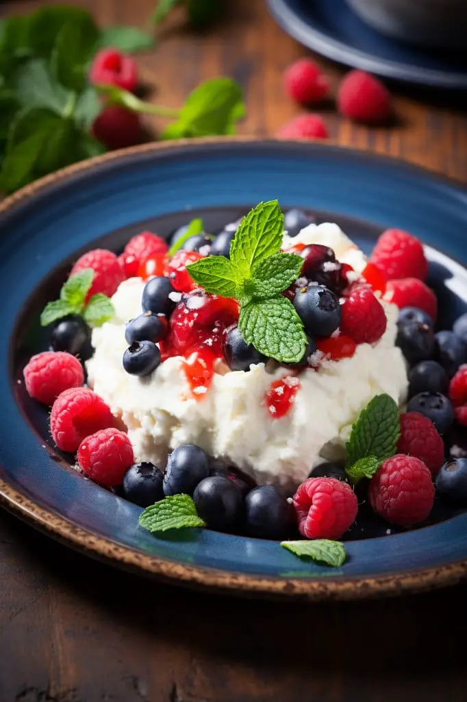 cottage cheese with fresh berries and mint