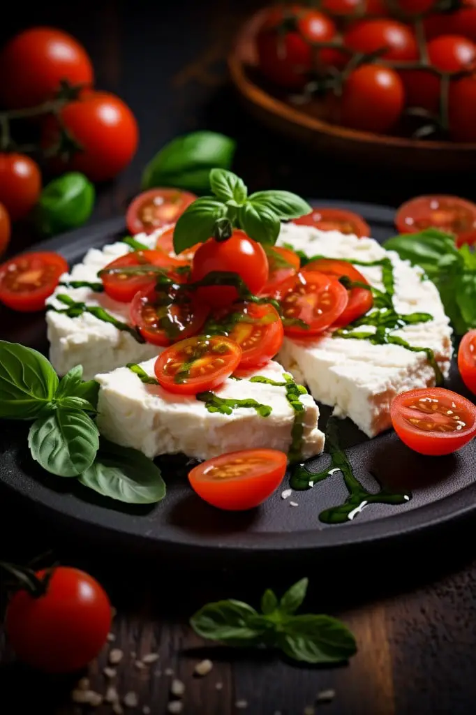 cottage cheese with sliced tomatoes and basil
