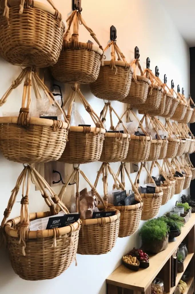hang labeled baskets on wall