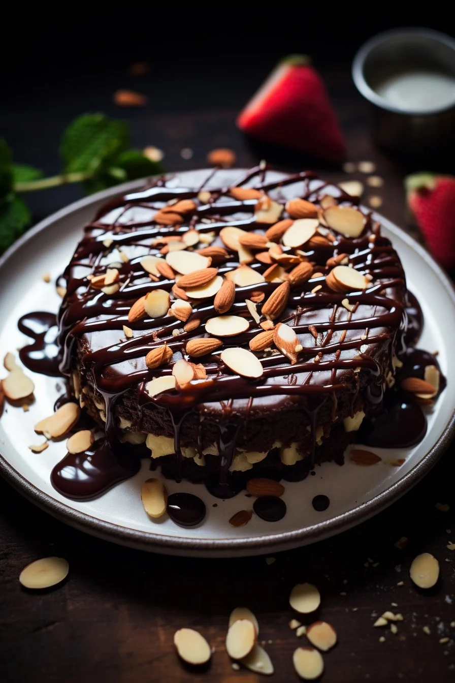 rice cake drizzled with dark chocolate and almonds