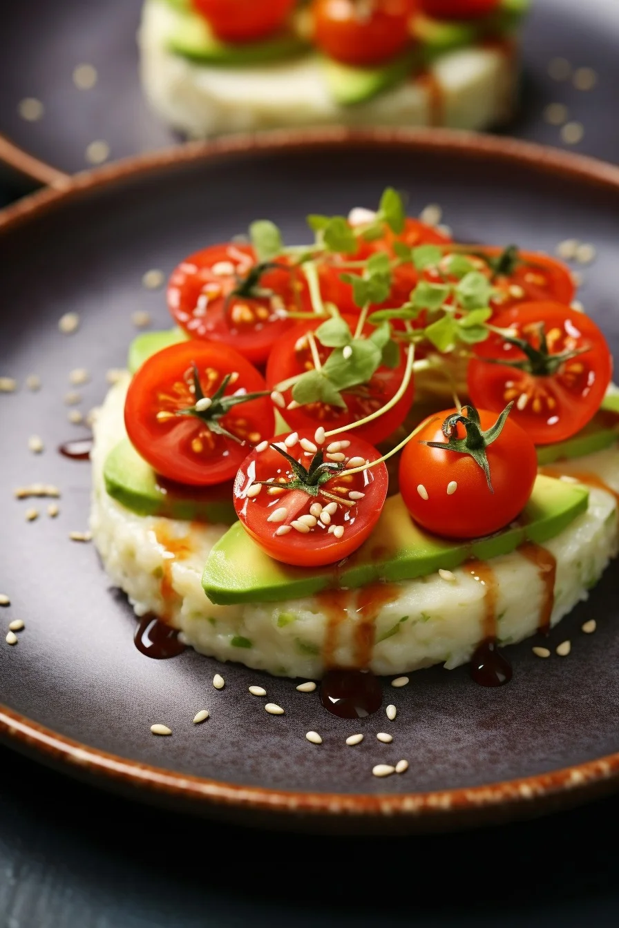 rice cake topped with avocado and cherry tomatoes