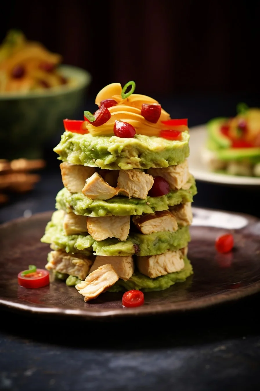 rice cake with guacamole and chicken slices
