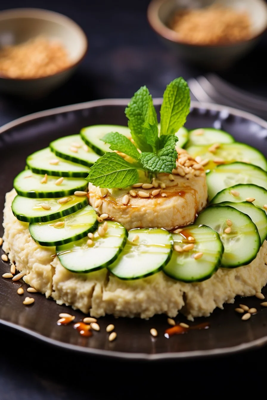 rice cake with hummus and cucumber slices