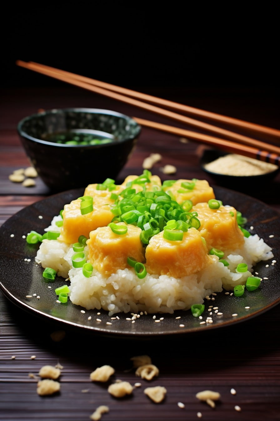 rice cake with scrambled eggs and green onion