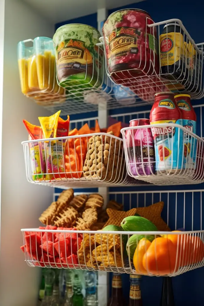 store snacks in over the fridge wire baskets