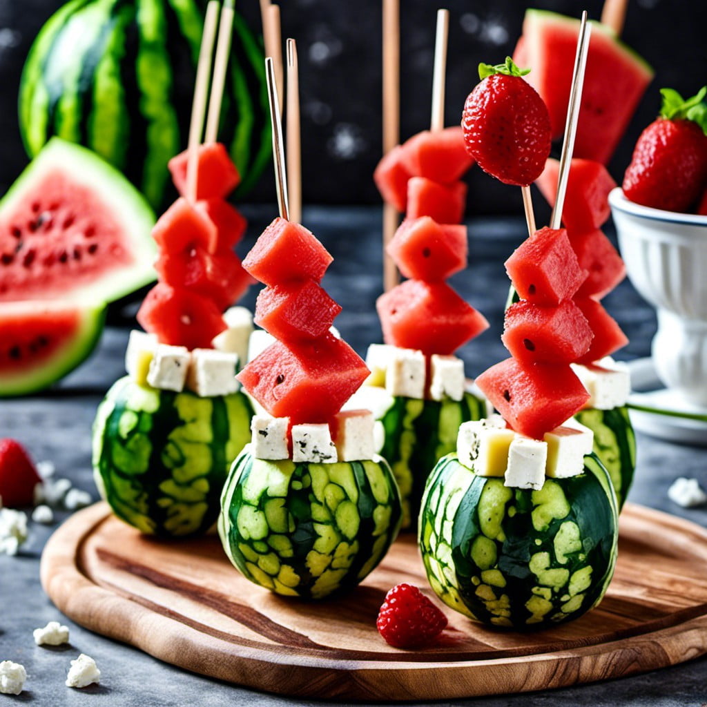 cat in the hat themed watermelon and feta skewers
