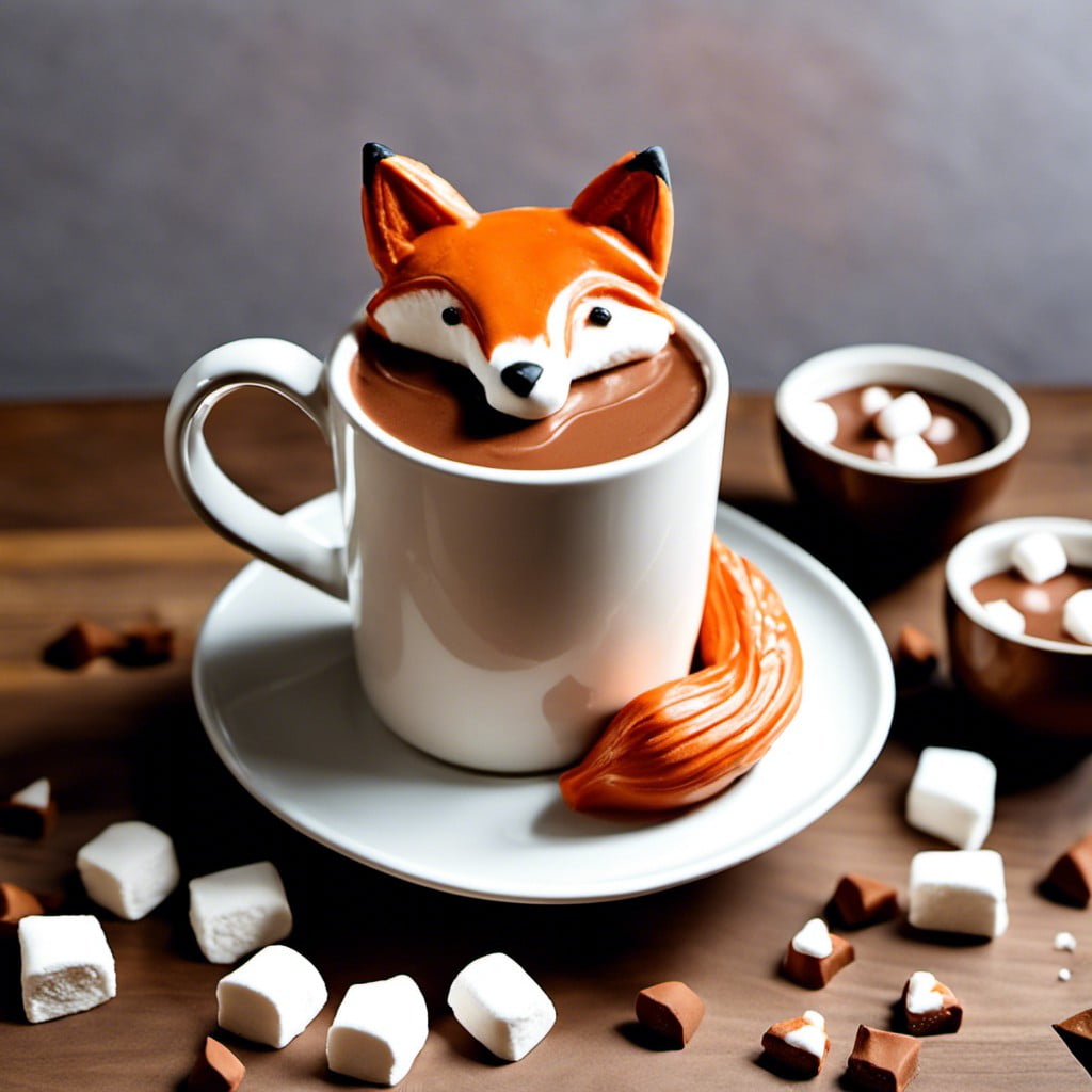fox themed hot chocolate with sock shaped marshmallows