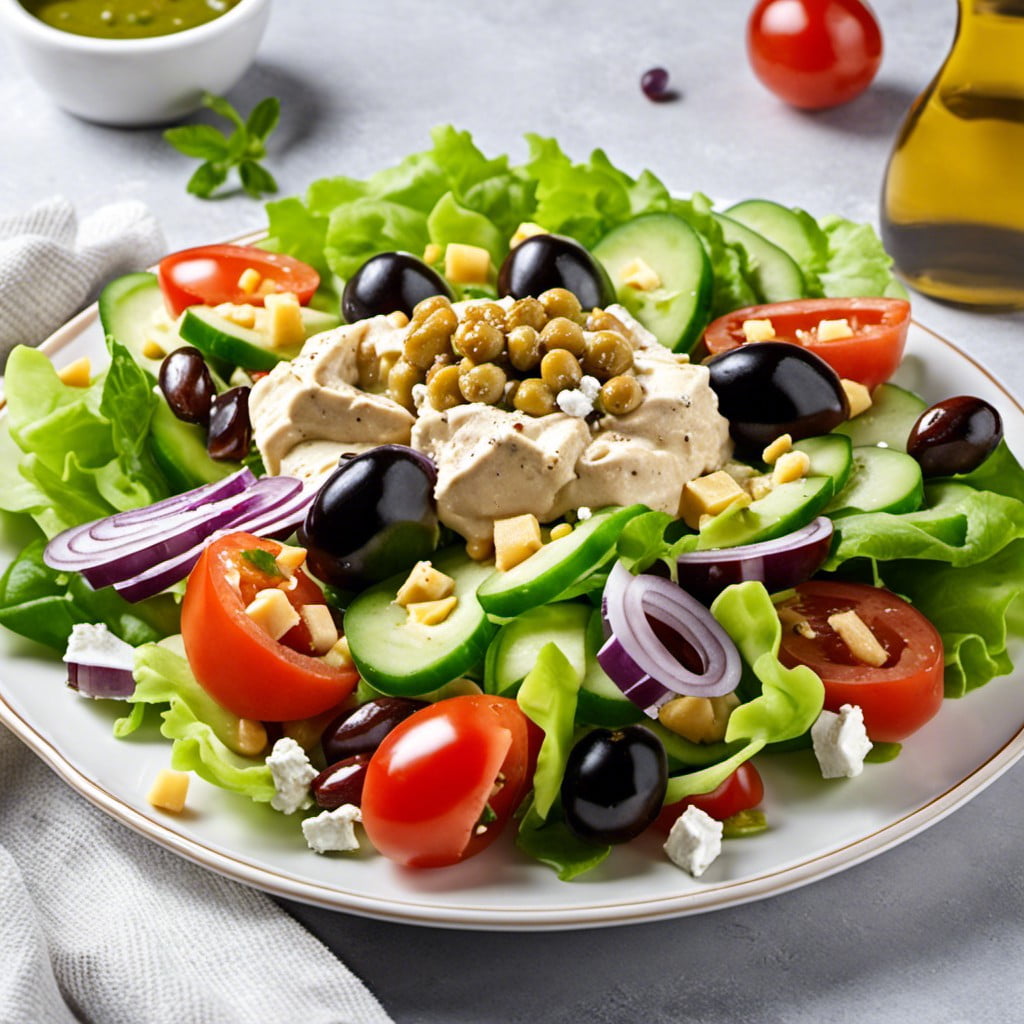 greek salad with hummus topping