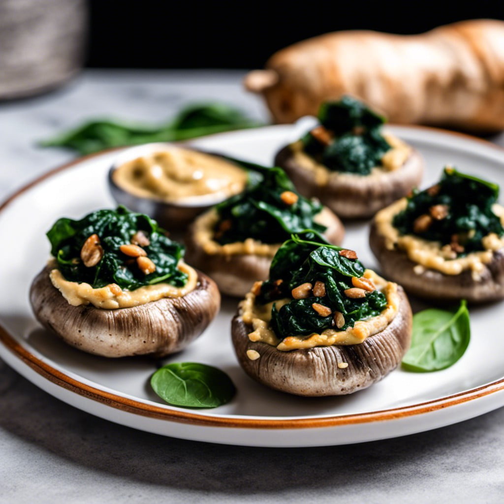hummus and spinach stuffed mushroom caps