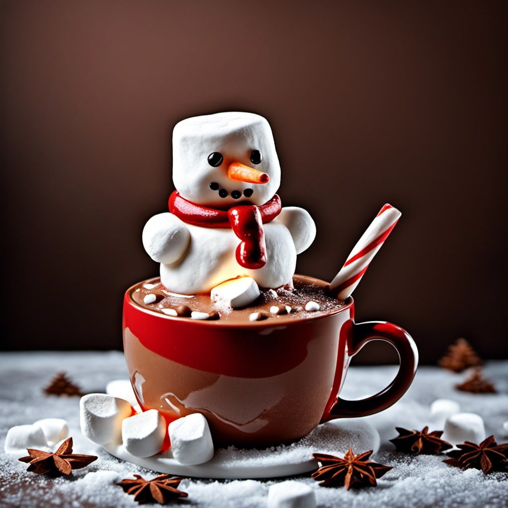 marshmallow snowman in hot chocolate