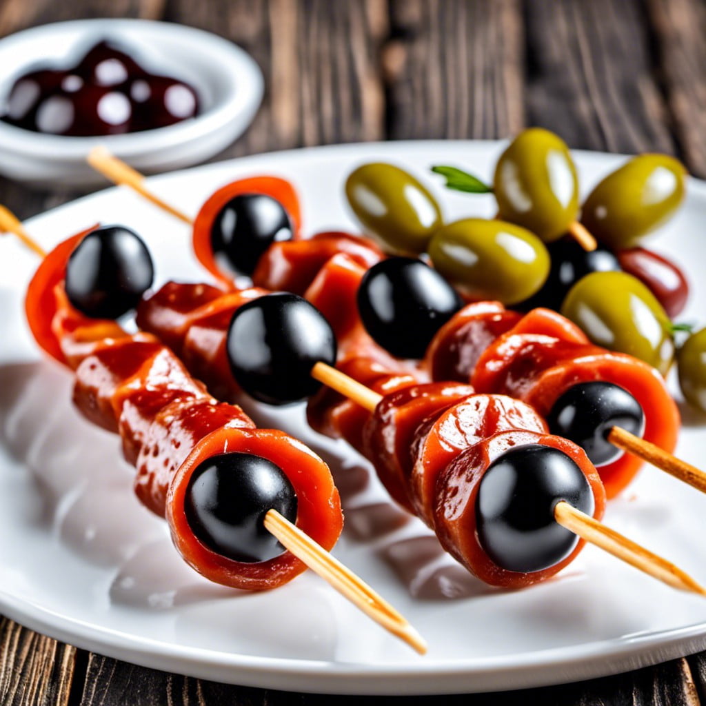 pepperoni and olives skewers