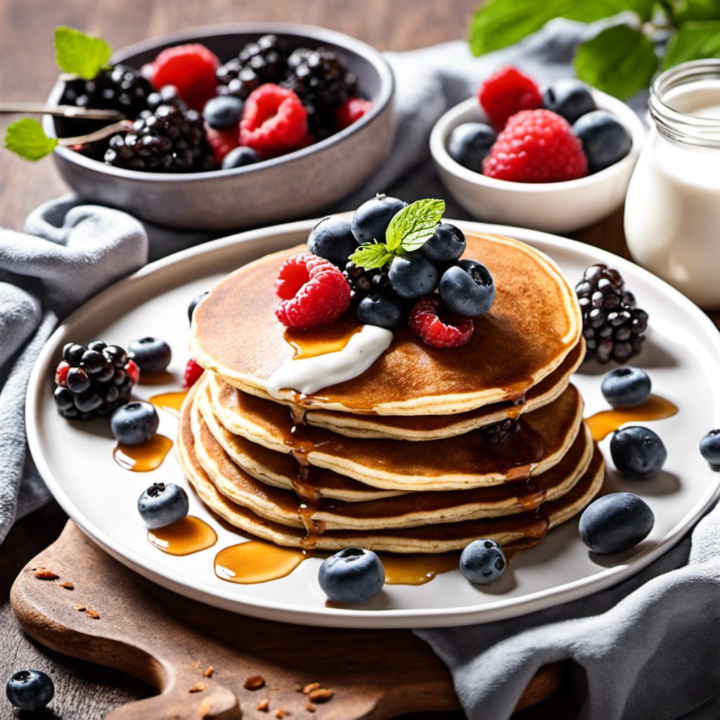 whole grain pancake topped with greek yogurt and berries