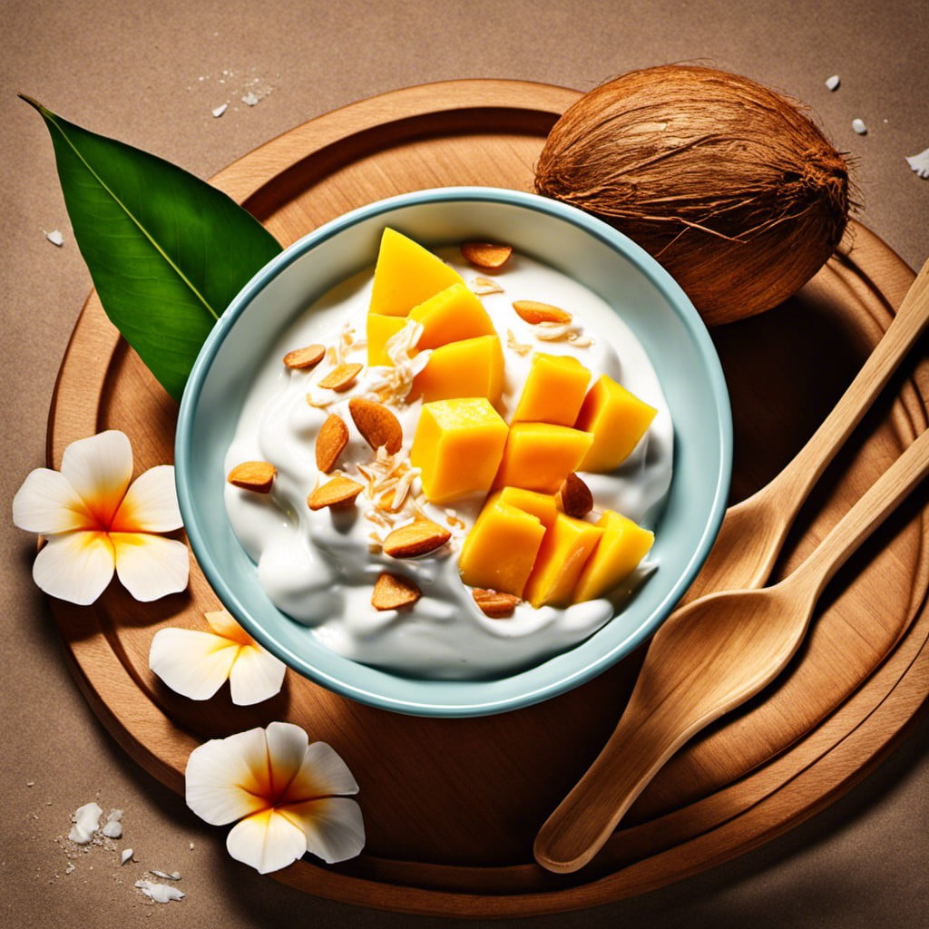 yogurt with coconut flakes and mango