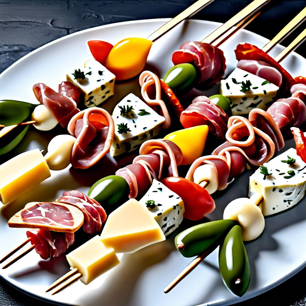 antipasto skewers with cured meats and cheeses