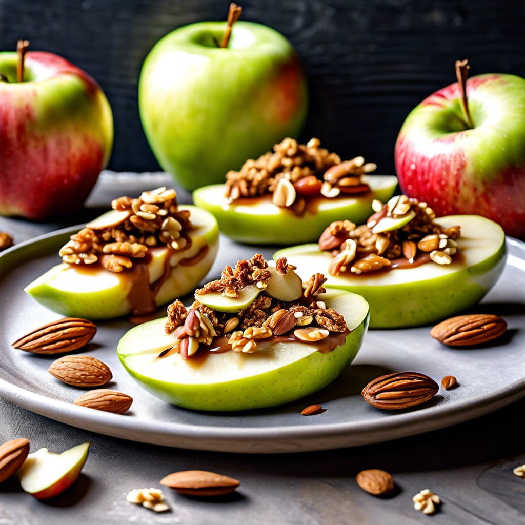 apple slices with almond butter and granola sprinkles