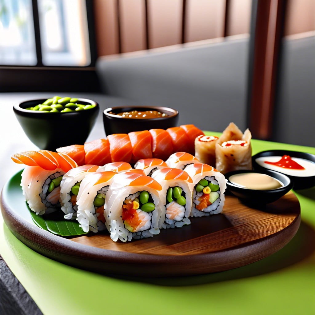 asian fusion sushi rolls edamame and mini spring rolls