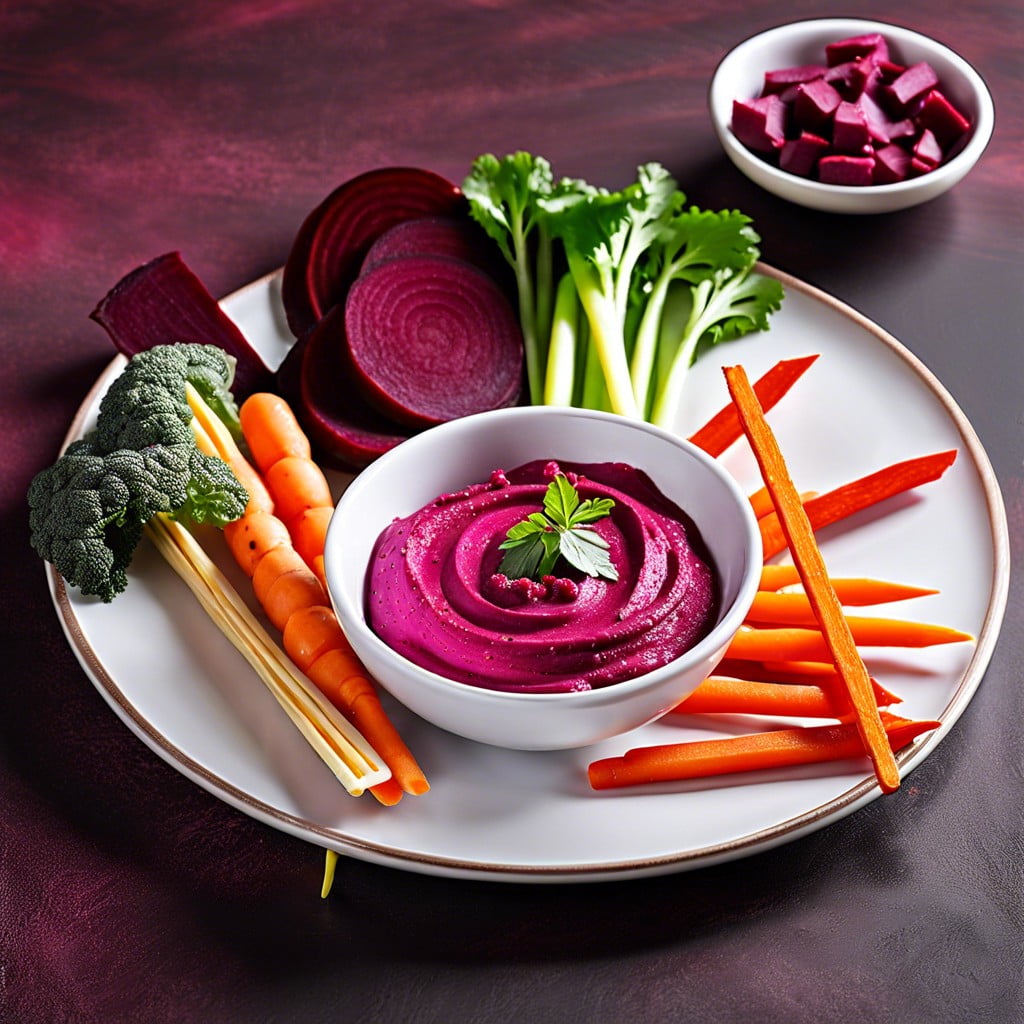 beetroot hummus with veggie sticks