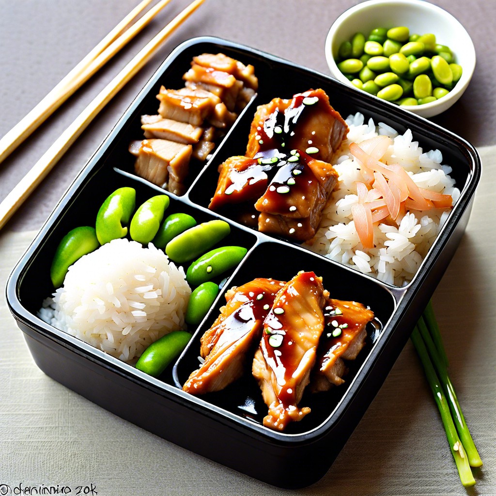 bento box with rice teriyaki chicken and edamame