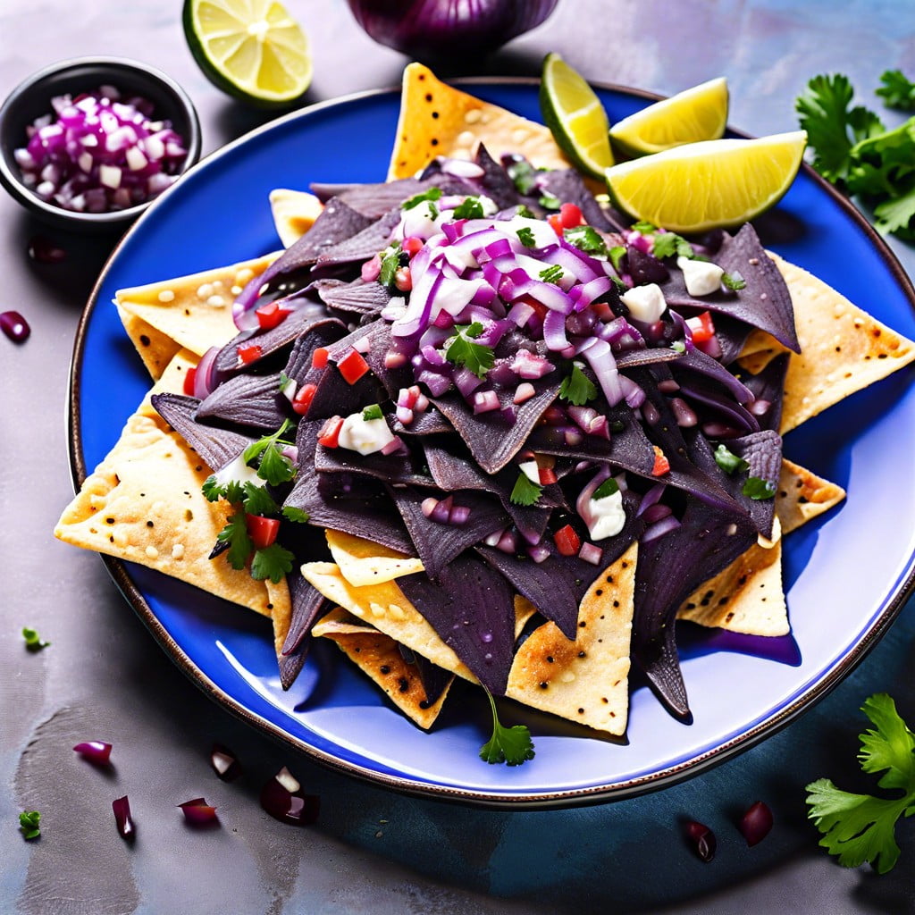 blue corn nachos with purple onion salsa