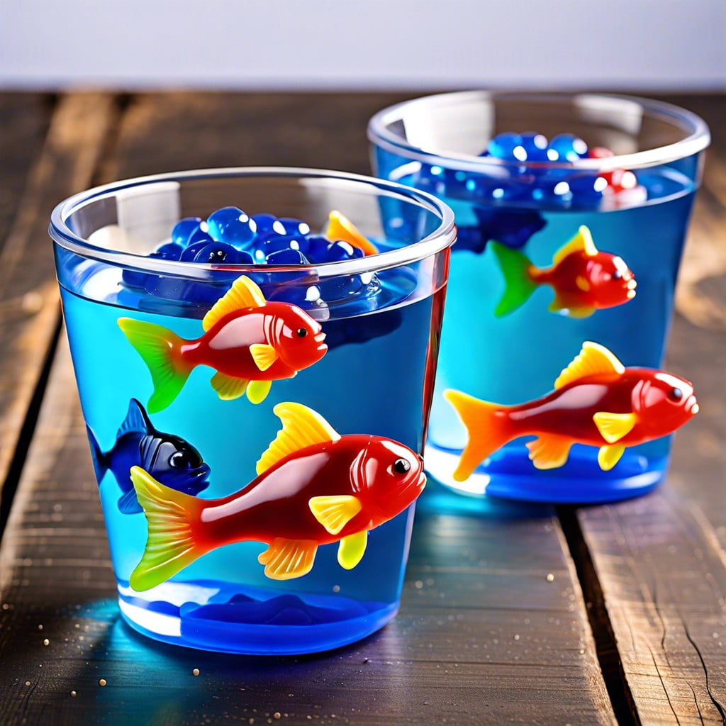 blue jello cups with gummy fish