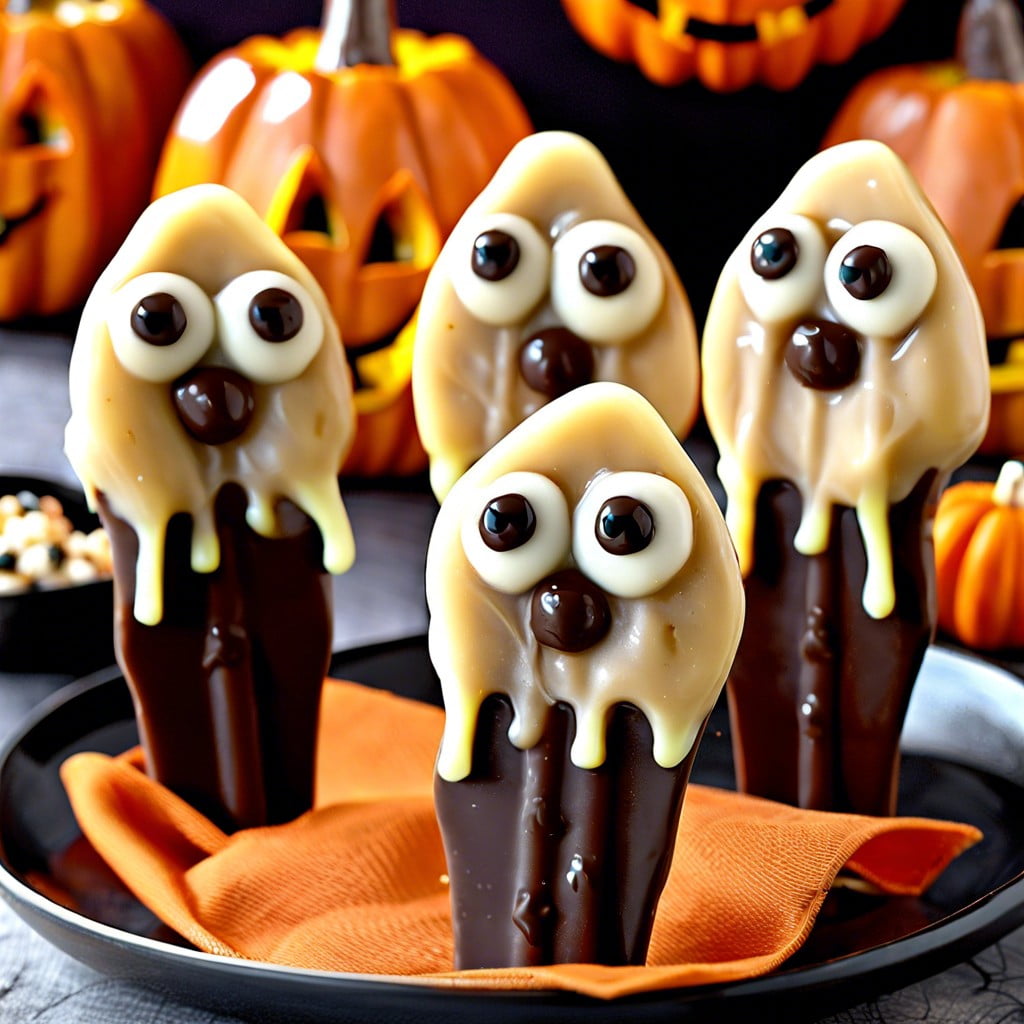 boo nana pops half bananas dipped in white chocolate with chocolate chip eyes