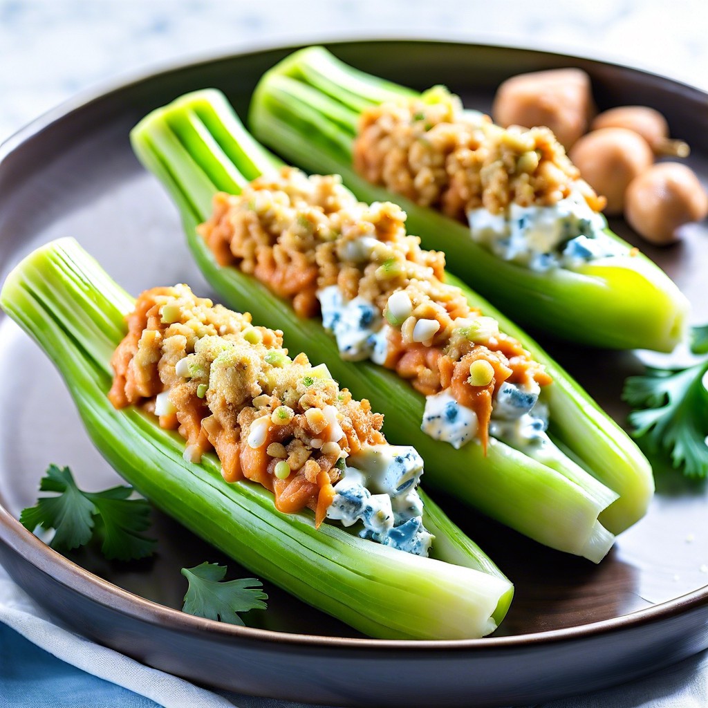 buffalo chicken stuffed celery topped with blue cheese crumbles