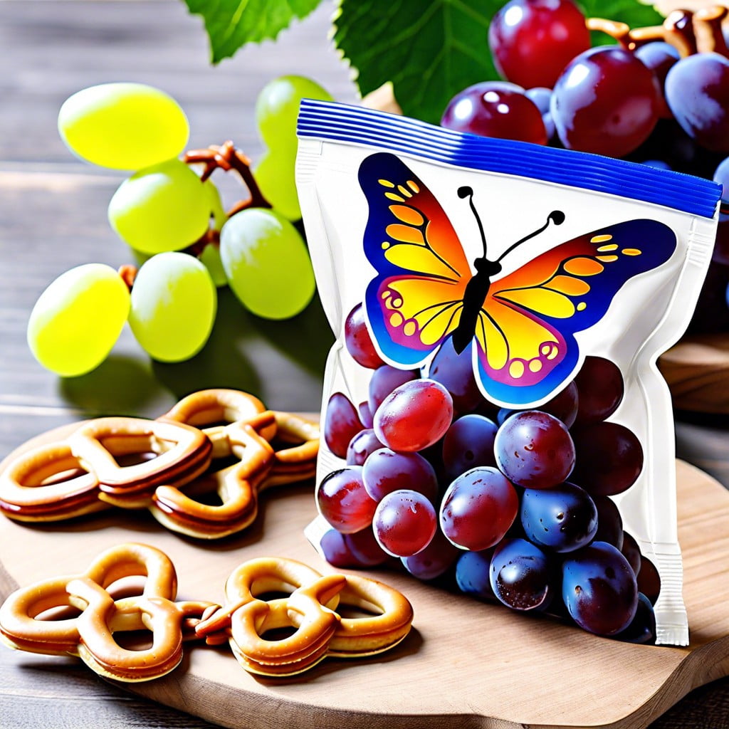 butterfly snack bags filled with grapes and pretzels