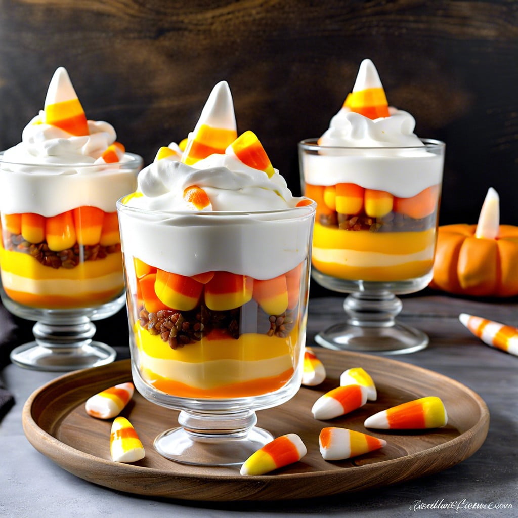 candy corn parfait layer colored yogurt to mimic candy corn in clear cups