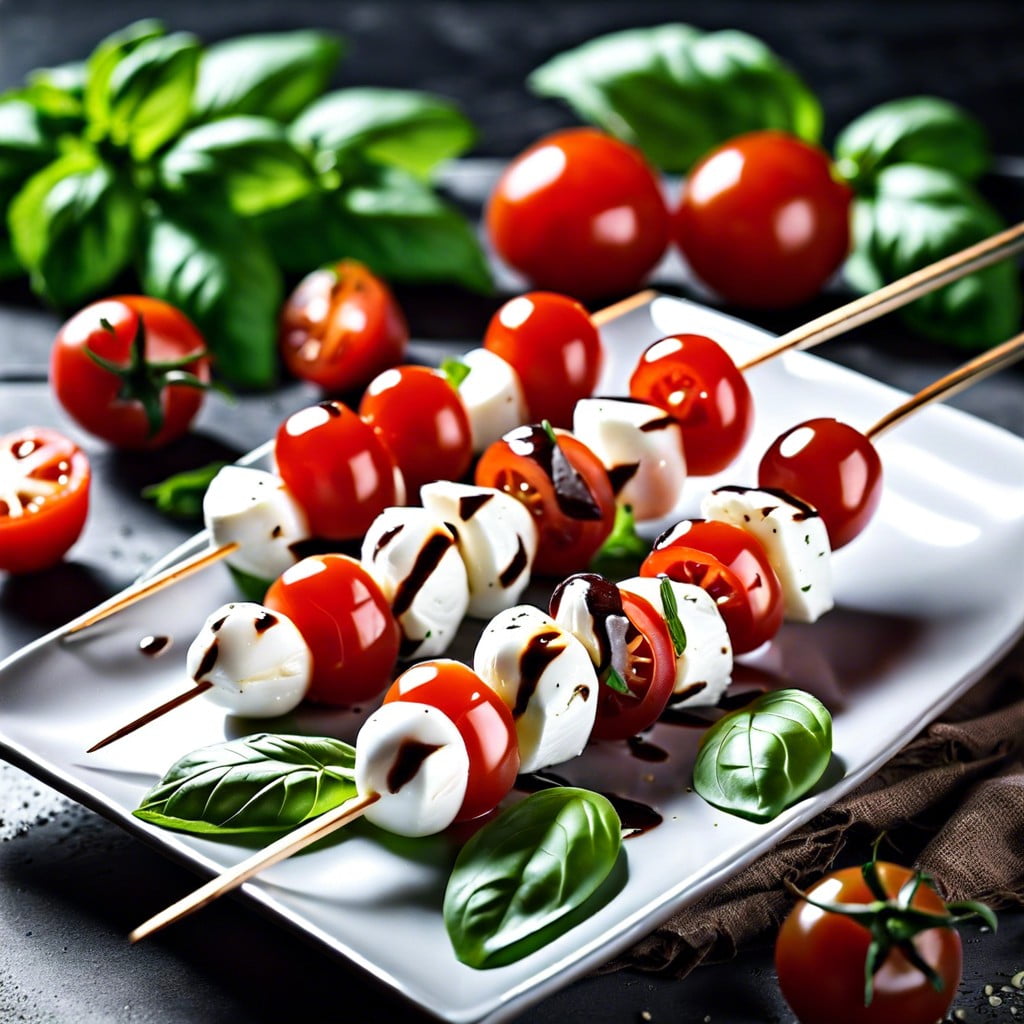 caprese skewers with cherry tomatoes basil and mozzarella