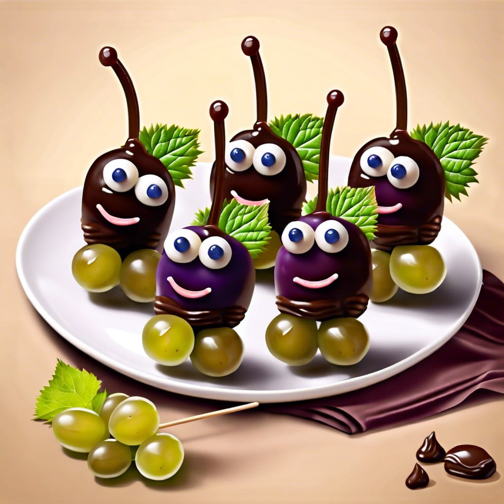 caterpillar grape skewers with chocolate sauce for the face