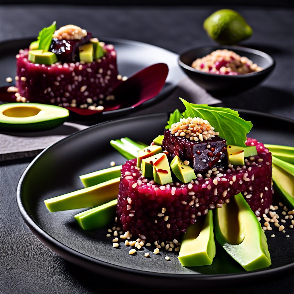 celery and beetroot tartare with avocado and sesame seeds