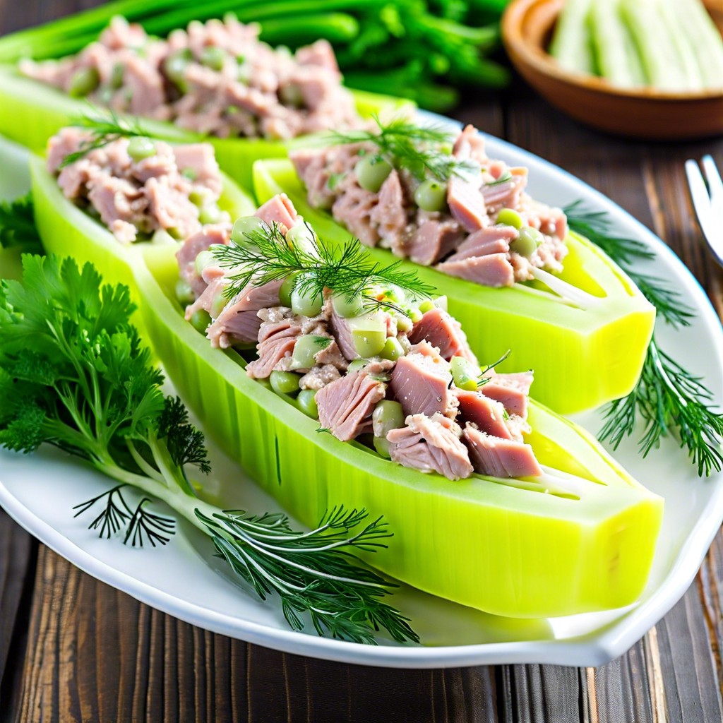 celery boats filled with tuna salad and topped with fresh dill