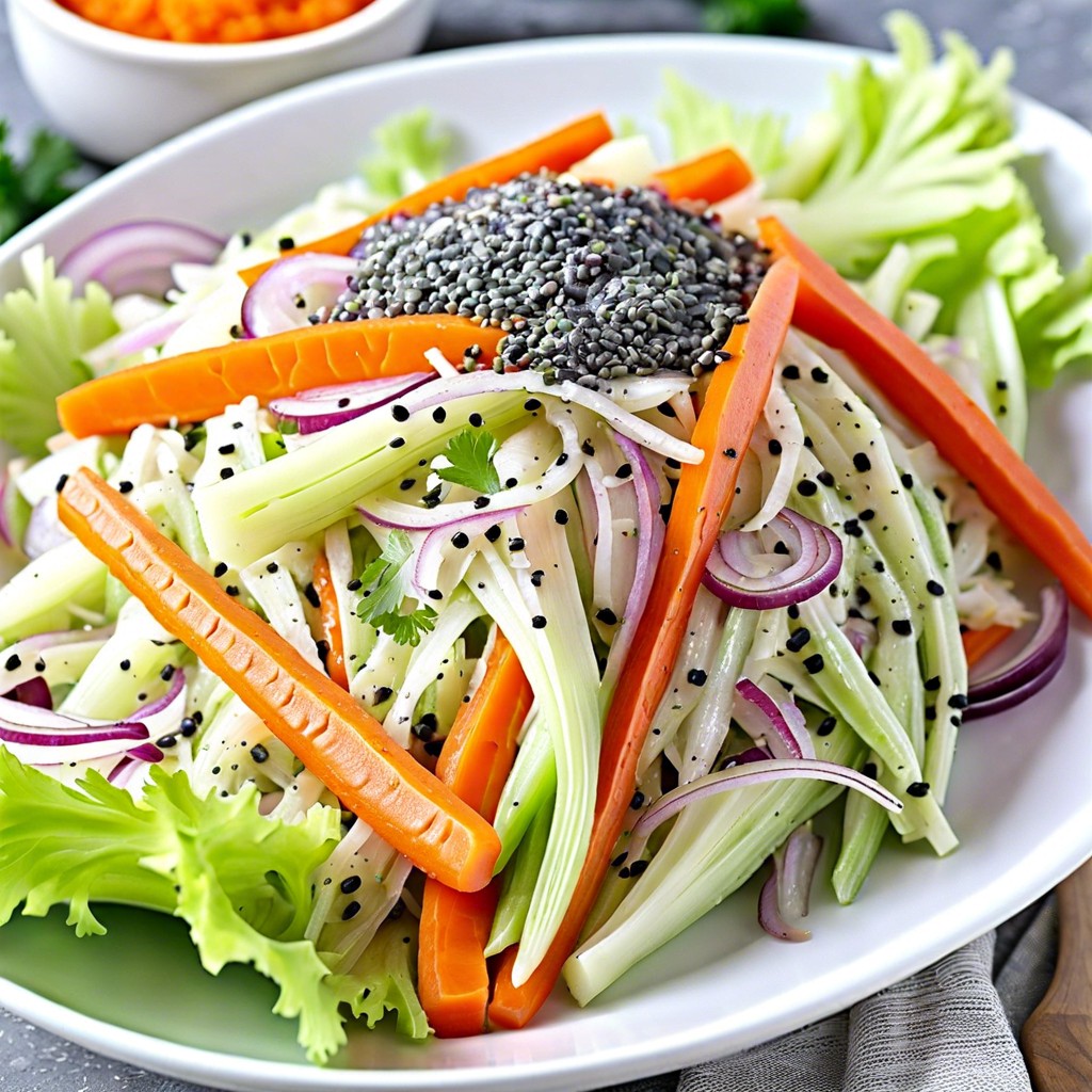 celery slaw with carrots red onion and poppy seed dressing