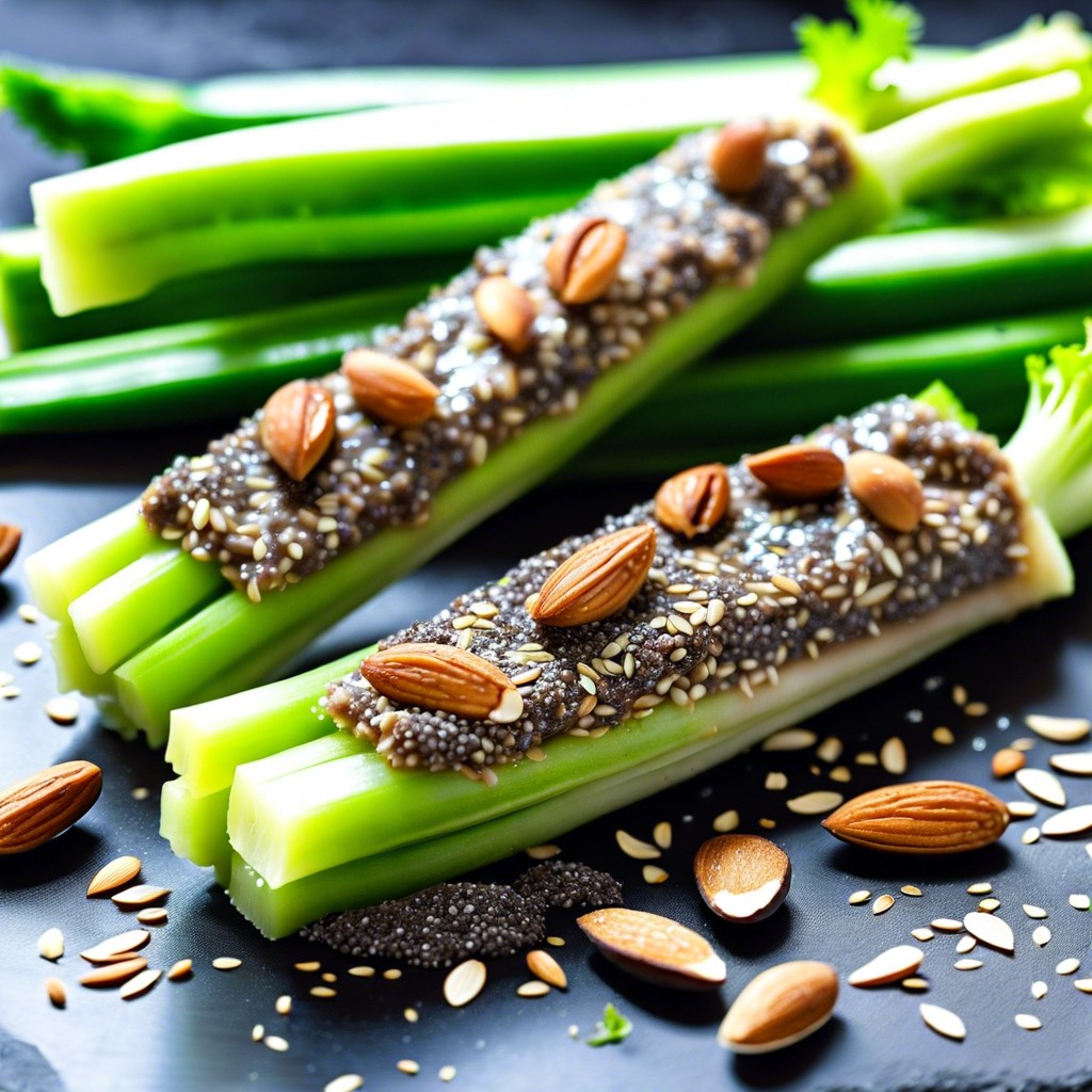 celery sticks dipped in almond butter and sprinkled with chia seeds