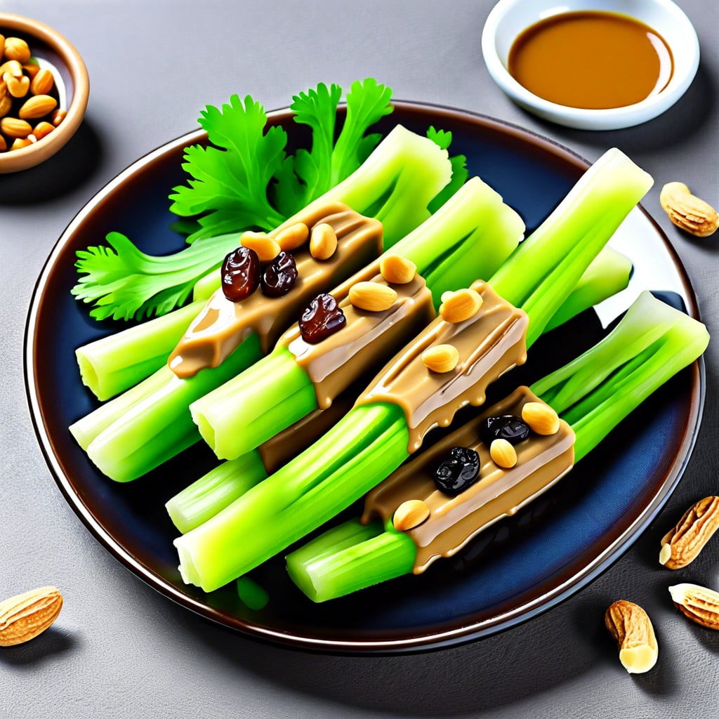 celery sticks filled with peanut butter and raisins
