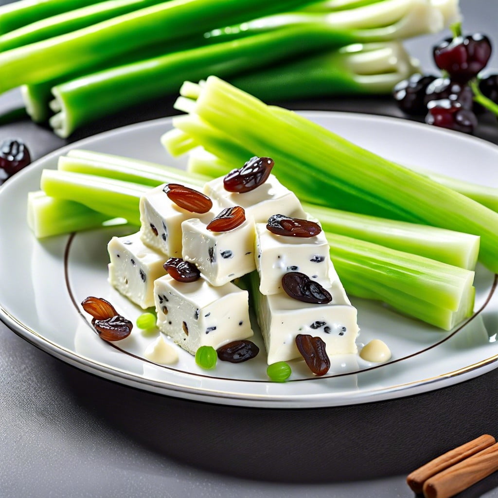 celery sticks with cream cheese and raisins