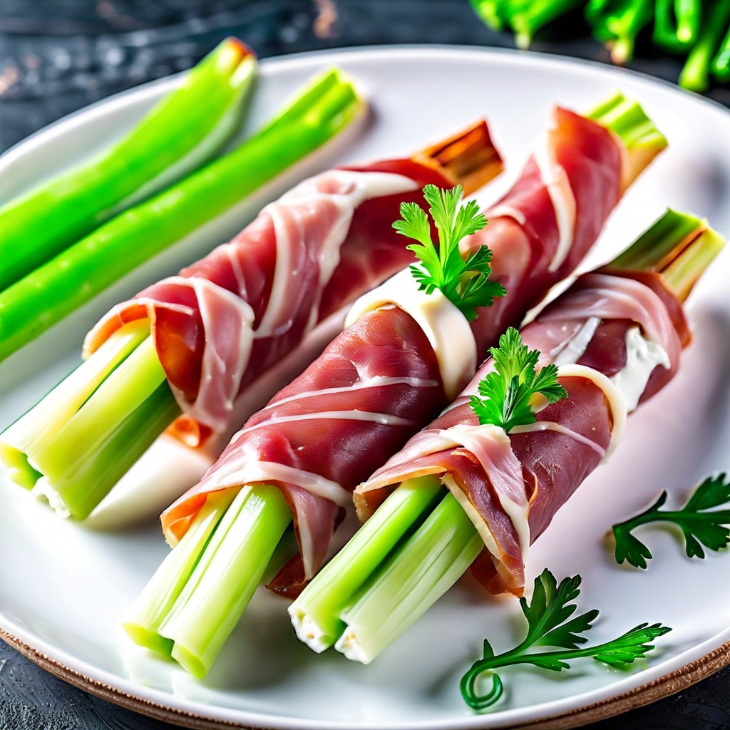 celery sticks wrapped in prosciutto and cream cheese