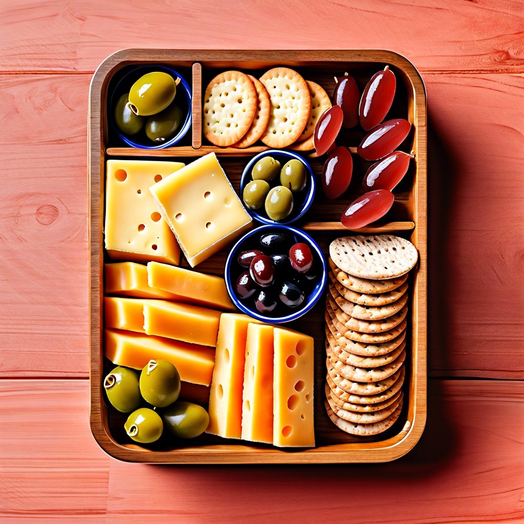 cheese and charcuterie bento assorted cheeses cured meats olives and crackers