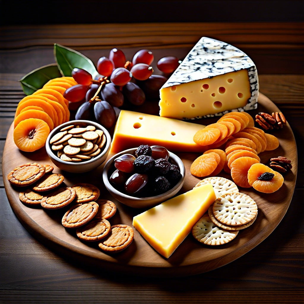 cheese board with dried fruits and artisan crackers