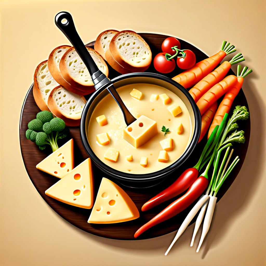 cheese fondue with bread and veggies