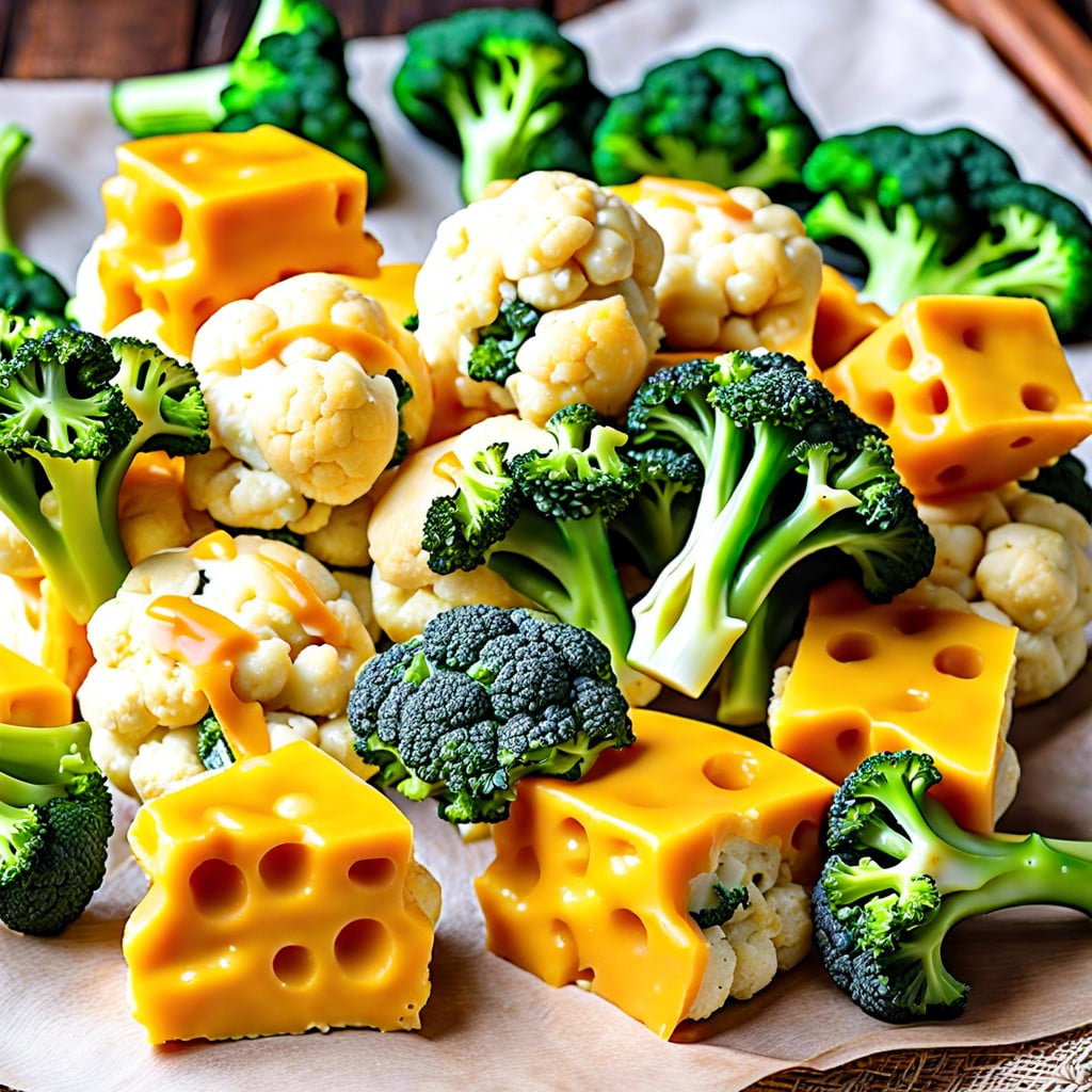 cheesy veggie bites broccoli florets cauliflower cheddar cheese cubes