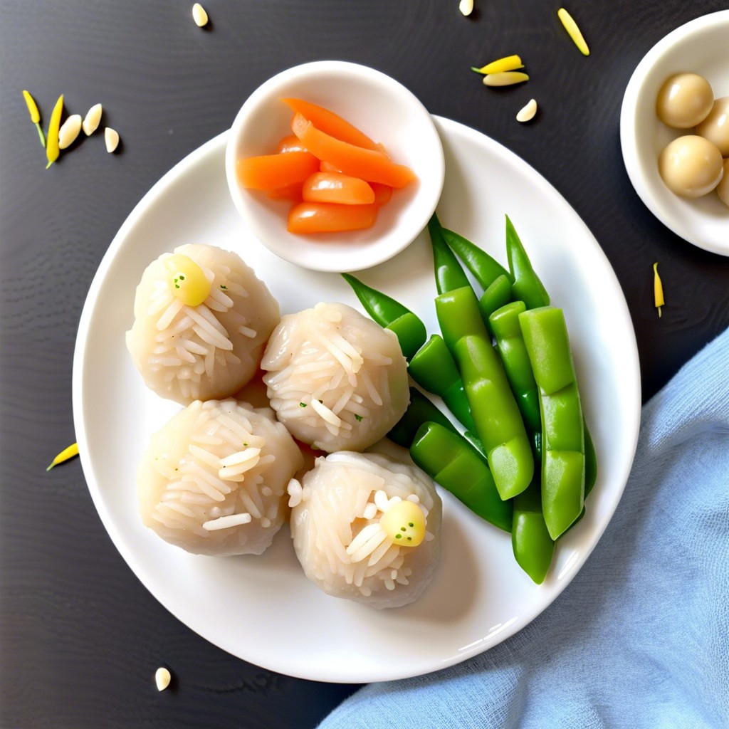 chicken and rice balls with snap peas