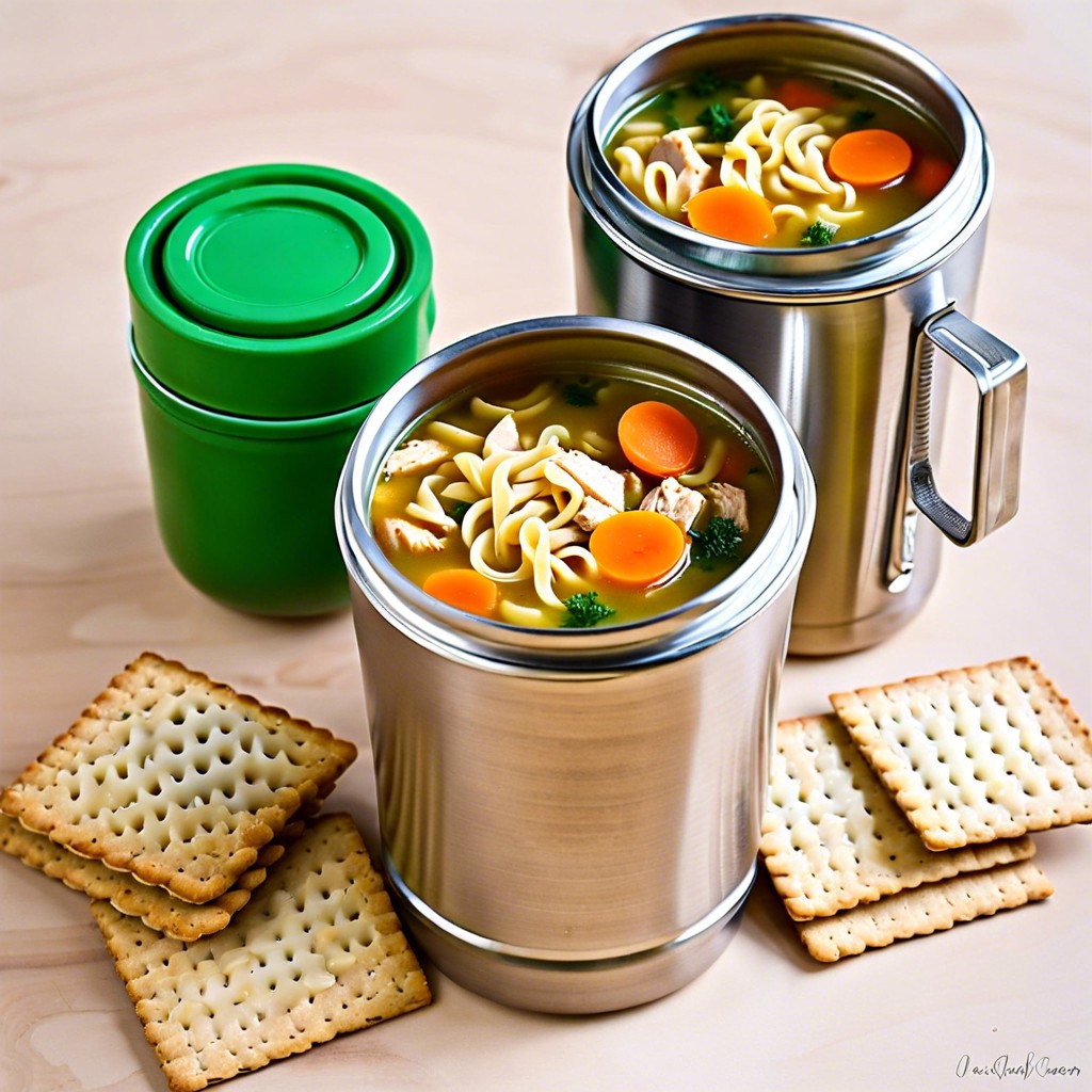 chicken noodle soup in a thermos with crackers