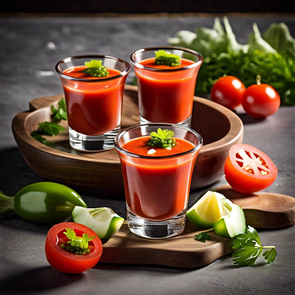 chilled gazpacho soup in shot glasses for easy sipping