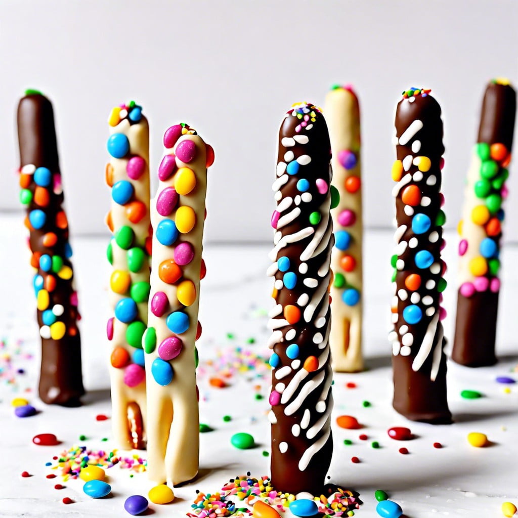 chocolate dipped pretzel rods with sprinkles