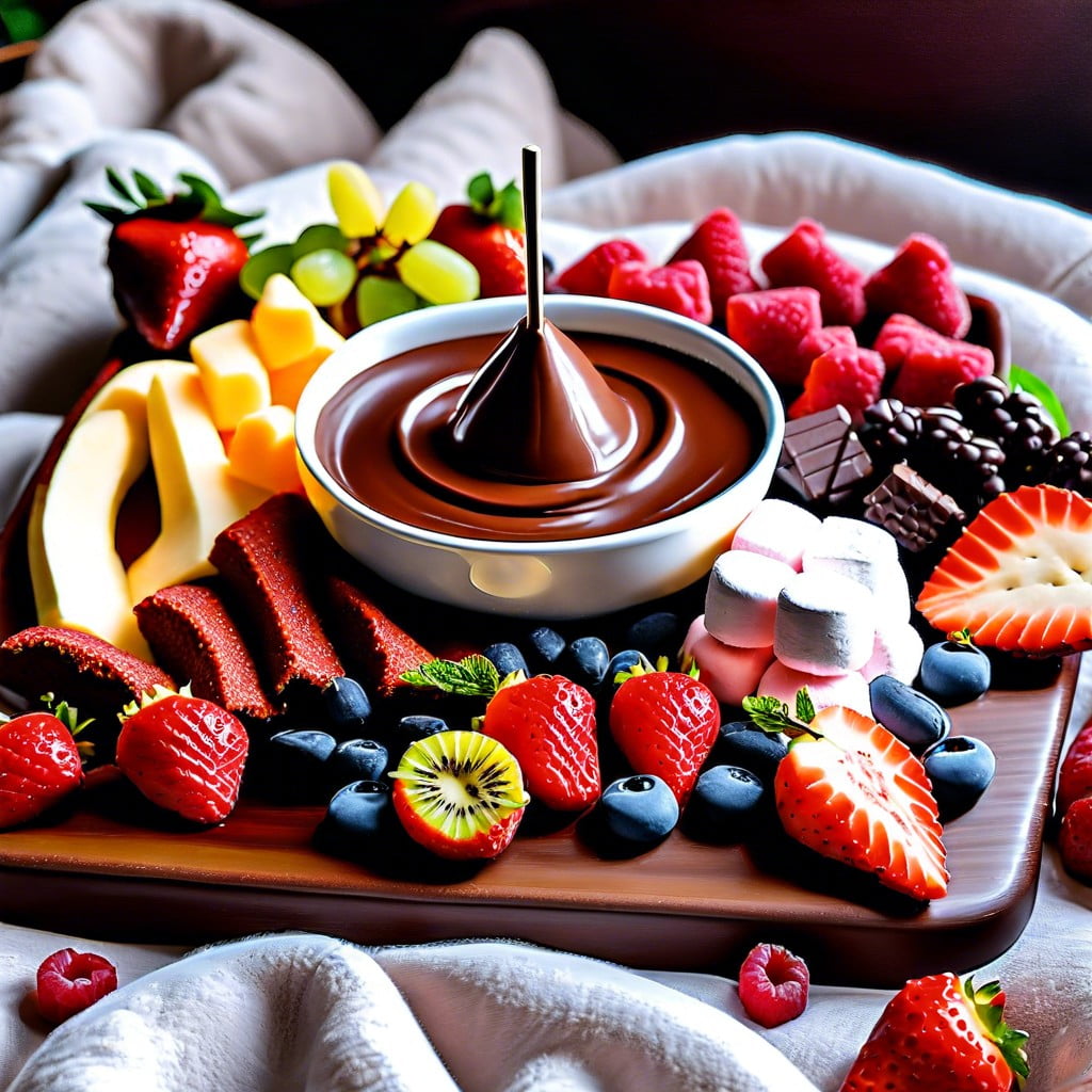 chocolate fondue with fruit and marshmallows